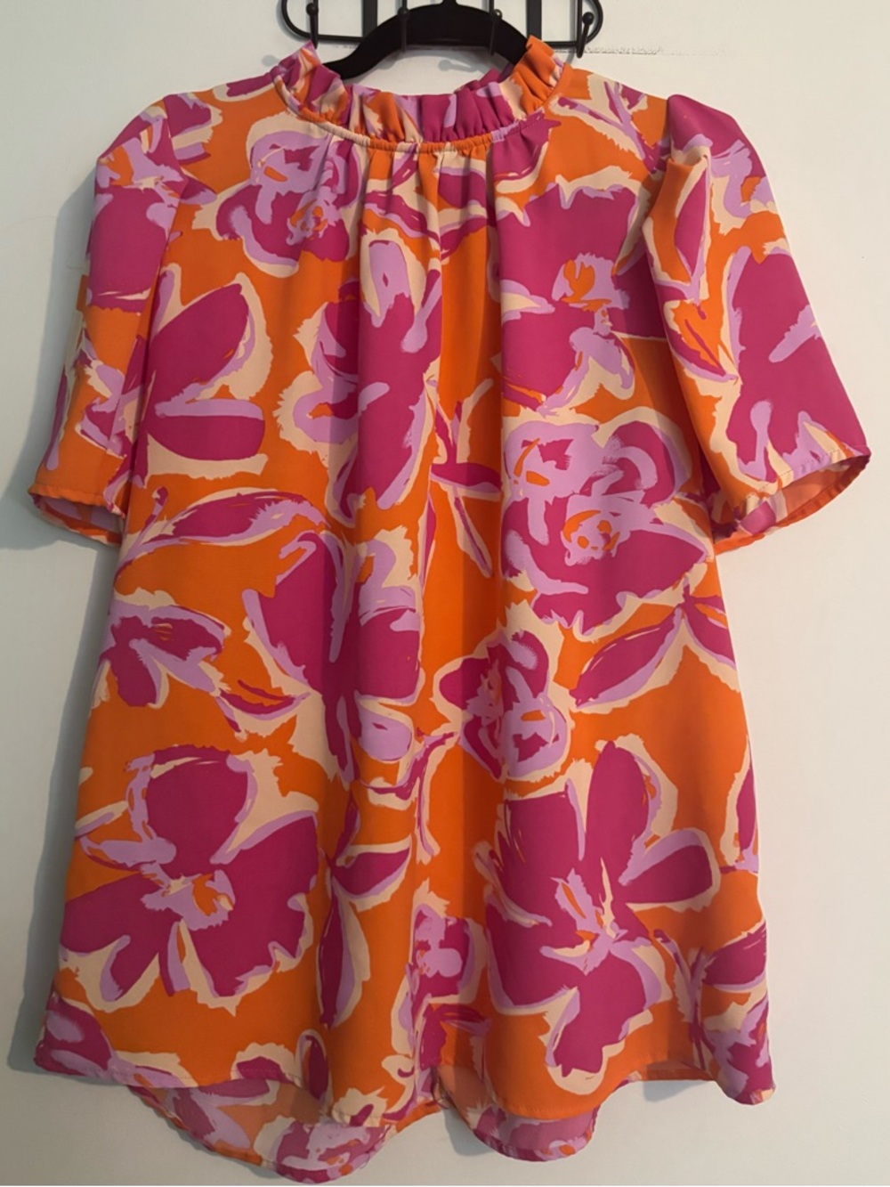 Haptics Womens Sz S Short Sleeve High Ruffle Neckline Orange Pink Keyhole Blouse